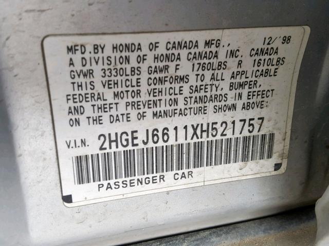 2HGEJ6611XH521757 - 1999 HONDA CIVIC BASE SILVER photo 10