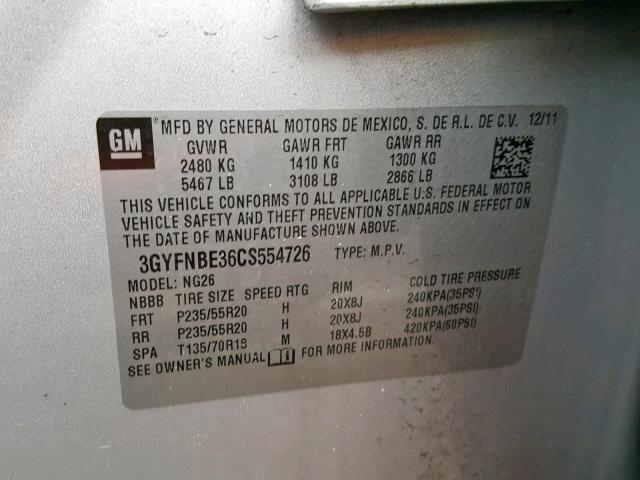 3GYFNBE36CS554726 - 2012 CADILLAC SRX PERFOR Gümüş foto 10