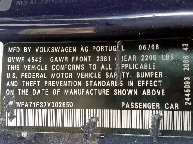 WVWFA71F37V002650 - 2007 VOLKSWAGEN EOS 2.0T L BLUE photo 10