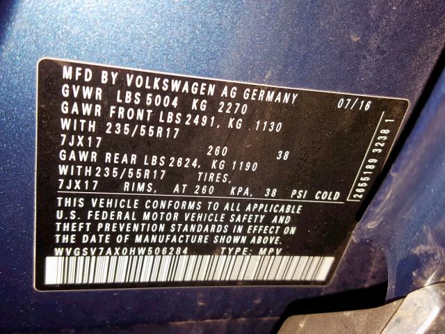 WVGSV7AX0HW506284 - 2017 VOLKSWAGEN TIGUAN WOL BLUE photo 10