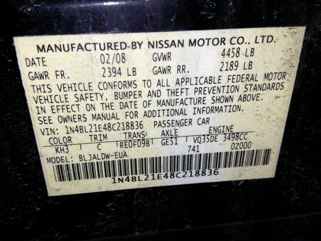 1N4BL21E48C218836 - 2008 NISSAN ALTIMA 3.5 BLACK photo 10