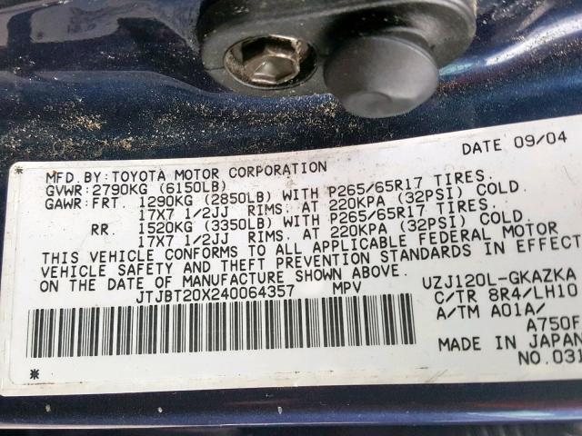 JTJBT20X240064357 - 2004 LEXUS GX 470 BLUE photo 10