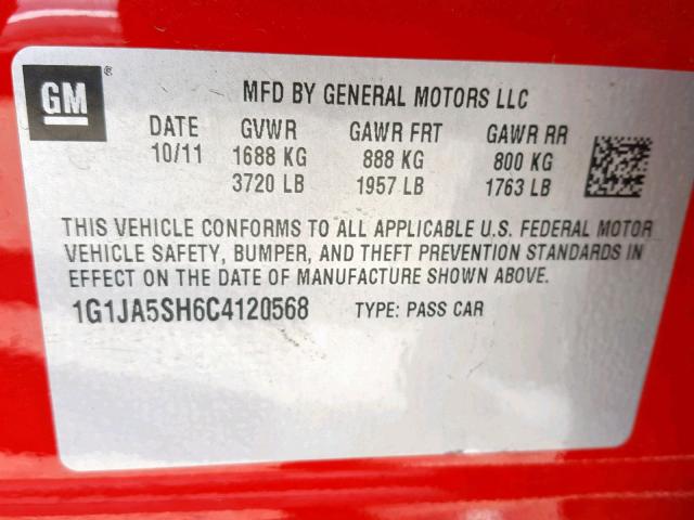 1G1JA5SH6C4120568 - 2012 CHEVROLET SONIC LS RED photo 10