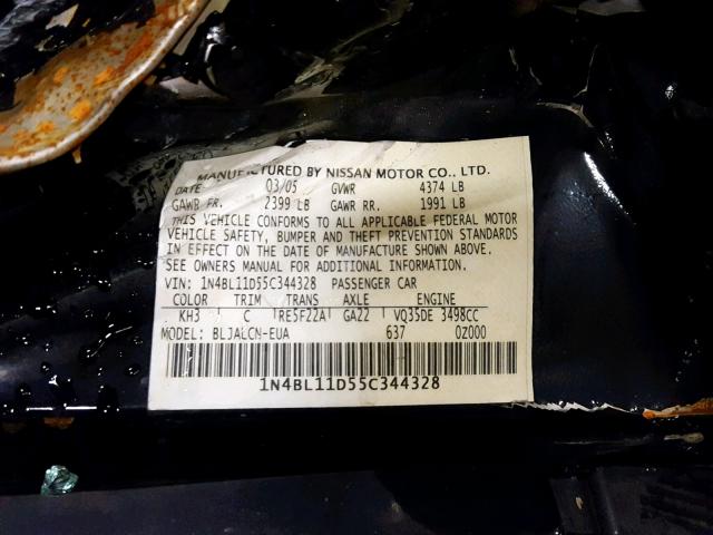 1N4BL11D55C344328 - 2005 NISSAN ALTIMA SE BLACK photo 10