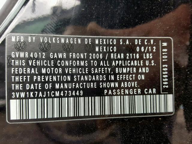 3VW1K7AJ1CM473449 - 2012 VOLKSWAGEN JETTA BASE Սև լուսանկար 10