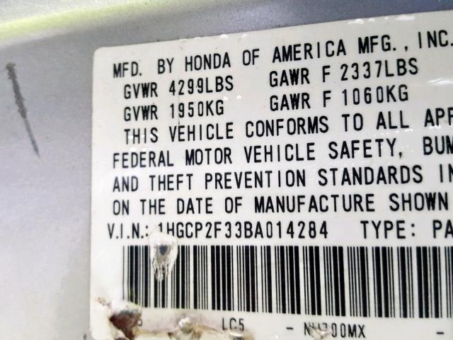 1HGCP2F33BA014284 - 2011 HONDA ACCORD LX SILVER photo 10