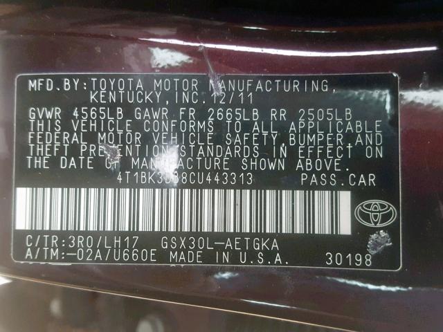 4T1BK3DB8CU443313 - 2012 TOYOTA AVALON BAS MAROON photo 10