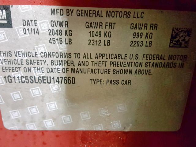 1G11C5SL6EU147660 - 2014 CHEVROLET MALIBU 1LT BURGUNDY photo 10