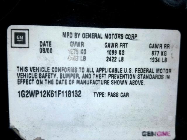 1G2WP12K61F118132 - 2001 PONTIAC GRAND PRIX BLACK photo 10