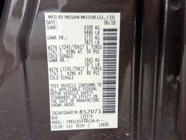 5BZAF0AA9JN852071 - 2018 NISSAN NV 3500 GRAY photo 10