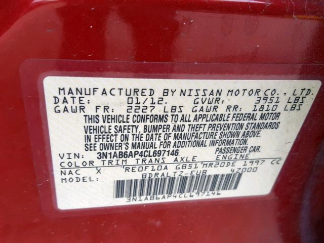 3N1AB6AP4CL697146 - 2012 NISSAN SENTRA 2.0 RED photo 10