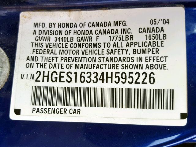 2HGES16334H595226 - 2004 HONDA CIVIC DX V BLUE photo 10