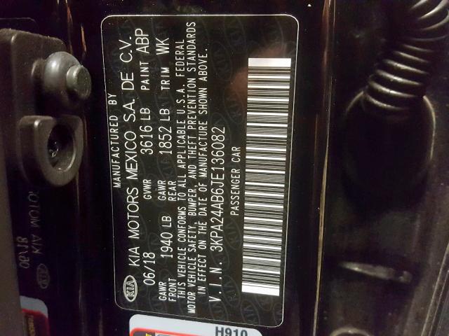 3KPA24AB6JE136082 - 2018 KIA RIO LX BLACK photo 10