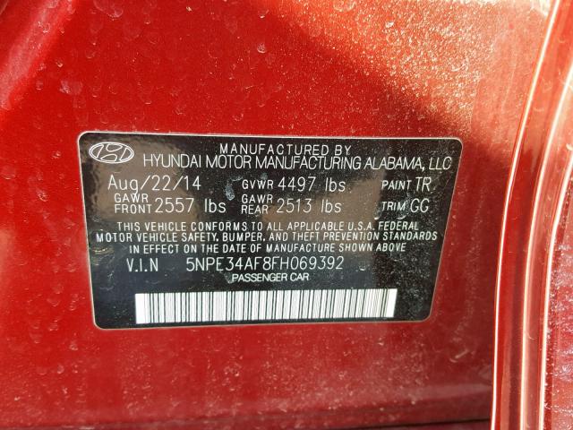 5NPE34AF8FH069392 - 2015 HYUNDAI SONATA SPO RED photo 10