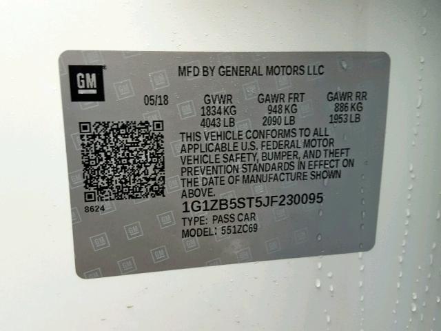 1G1ZB5ST5JF230095 - 2018 CHEVROLET MALIBU LS WHITE photo 10