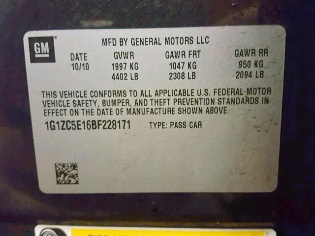 1G1ZC5E16BF228171 - 2011 CHEVROLET MALIBU 1LT BLACK photo 10