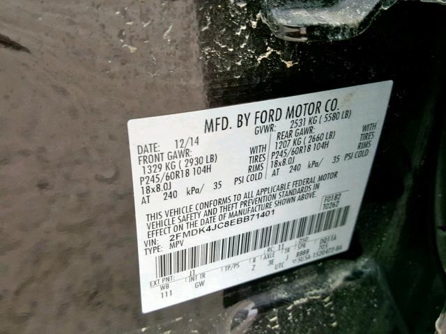 2FMDK4JC8EBB71401 - 2014 FORD EDGE SEL BLACK photo 10