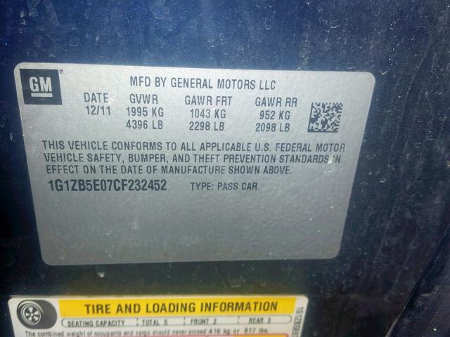 1G1ZB5E07CF232452 - 2012 CHEVROLET MALIBU LS BLUE photo 10
