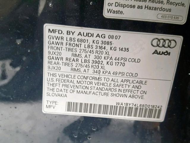 WA1BY74L68D018242 - 2008 AUDI Q7 3.6 QUA BLUE photo 10