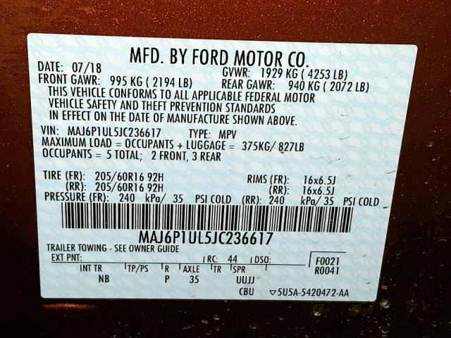 MAJ6P1UL5JC236617 - 2018 FORD ECOSPORT S BROWN photo 10