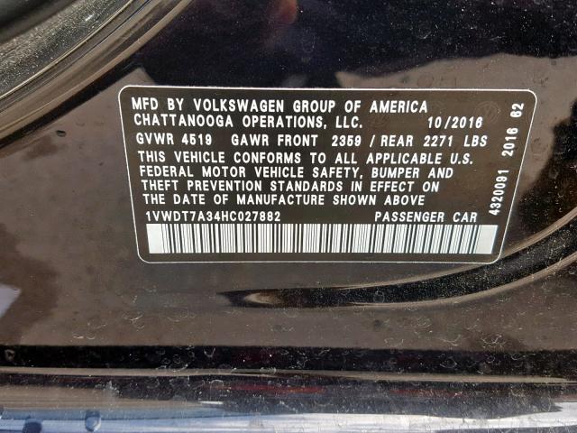 1VWDT7A34HC027882 - 2017 VOLKSWAGEN PASSAT R-L BLACK photo 10