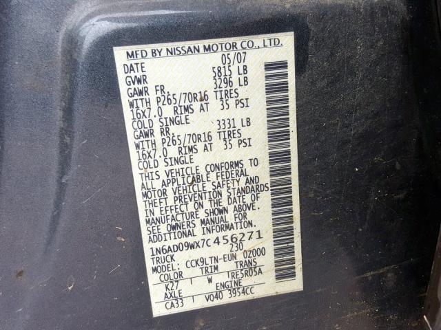 1N6AD09WX7C456271 - 2007 NISSAN FRONTIER C GRAY photo 10