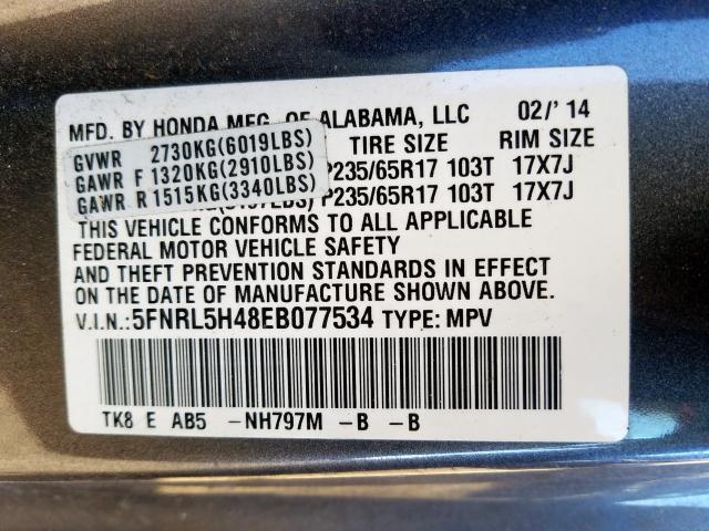 5FNRL5H48EB077534 - 2014 HONDA ODYSSEY EX  photo 10