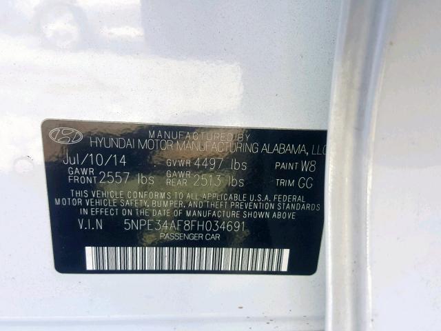 5NPE34AF8FH034691 - 2015 HYUNDAI SONATA SPO WHITE photo 10