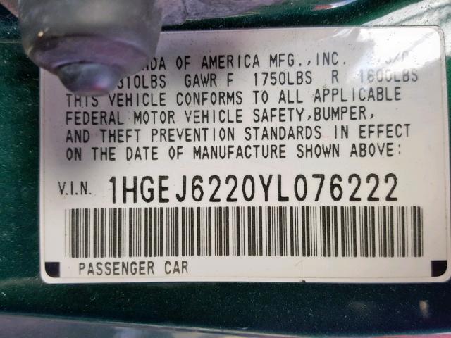 1HGEJ6220YL076222 - 2000 HONDA CIVIC DX GREEN photo 10