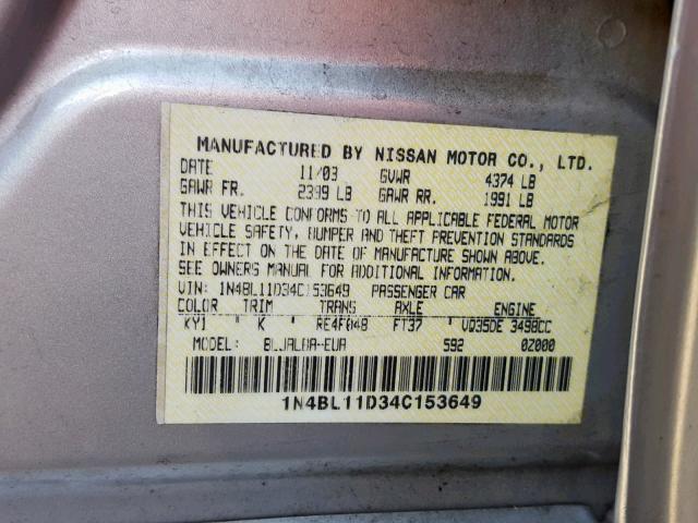 1N4BL11D34C153649 - 2004 NISSAN ALTIMA SE SILVER photo 10