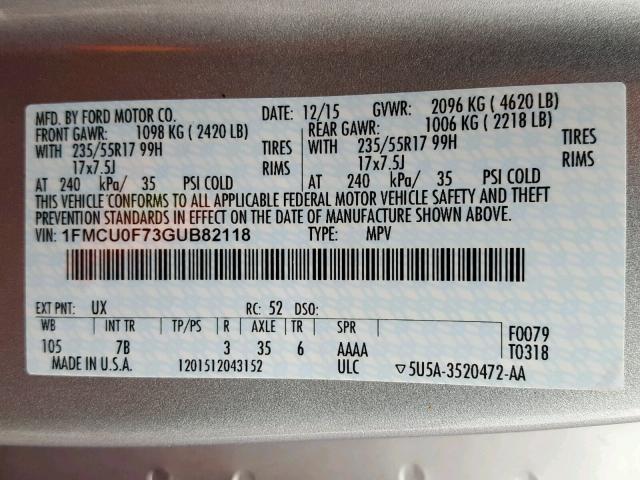 1FMCU0F73GUB82118 - 2016 FORD ESCAPE S SILVER photo 10