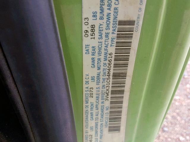 3VWCK31C54M406616 - 2004 VOLKSWAGEN NEW BEETLE Yaşıl foto 10