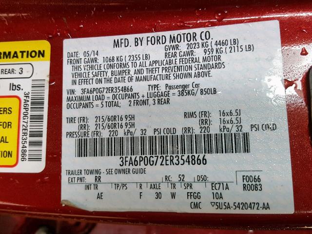 3FA6P0G72ER354866 - 2014 FORD FUSION S RED photo 10