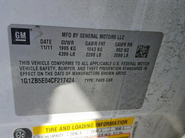 1G1ZB5E04CF217424 - 2012 CHEVROLET MALIBU LS WHITE photo 10