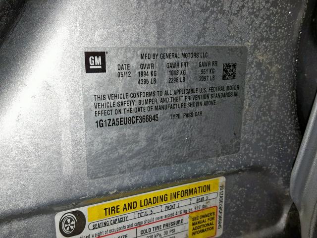 1G1ZA5EU8CF366845 - 2012 CHEVROLET MALIBU LS SILVER photo 10