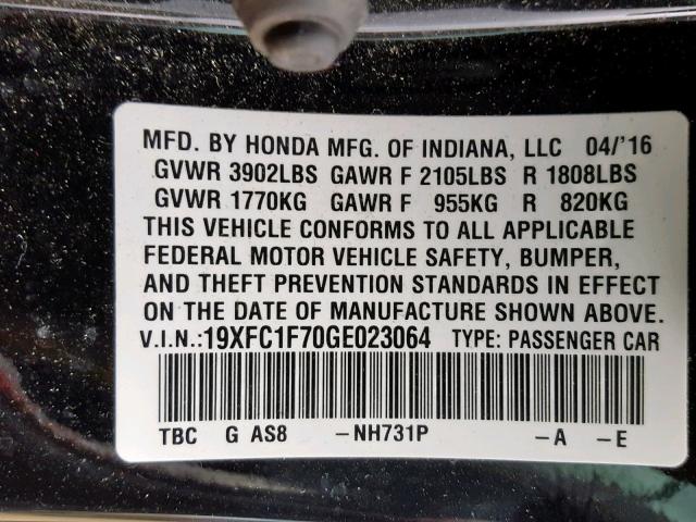 19XFC1F70GE023064 - 2016 HONDA CIVIC EXL BLACK photo 10