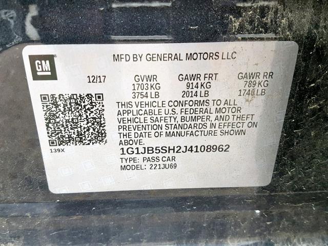 1G1JB5SH2J4108962 - 2018 CHEVROLET SONIC LS BLACK photo 10