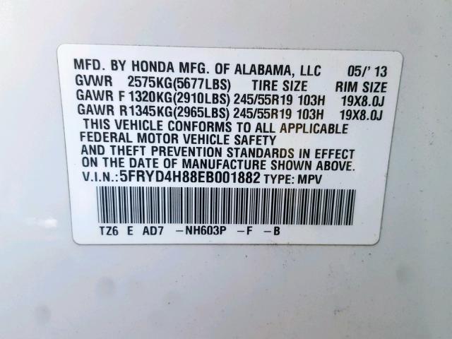 5FRYD4H88EB001882 - 2014 ACURA MDX ADVANC 白色 照片 10