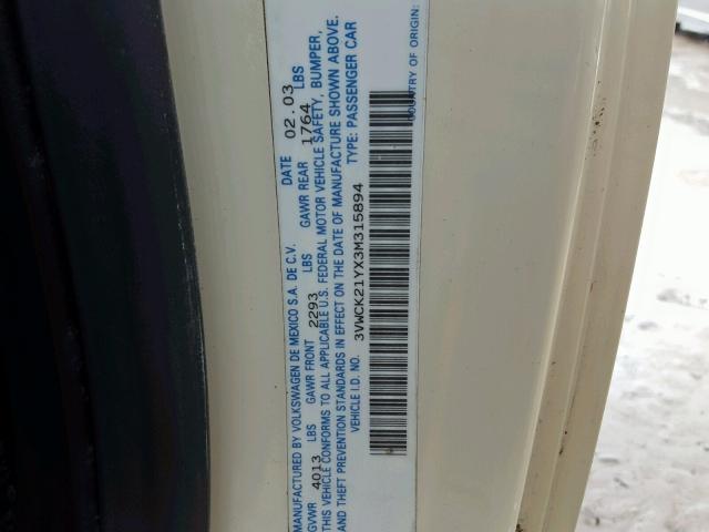 3VWCK21YX3M315894 - 2003 VOLKSWAGEN NEW BEETLE კრემისფერი ფოტო 10