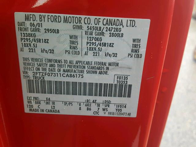 2FTZF07311CA86175 - 2001 FORD F150 SVT L RED photo 10