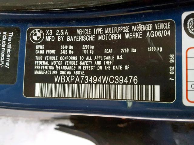 WBXPA73494WC39476 - 2004 BMW X3 2.5I BLUE photo 10