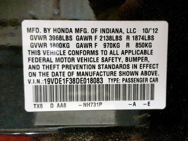 19VDE1F38DE018083 - 2013 ACURA ILX 20 BLACK photo 10