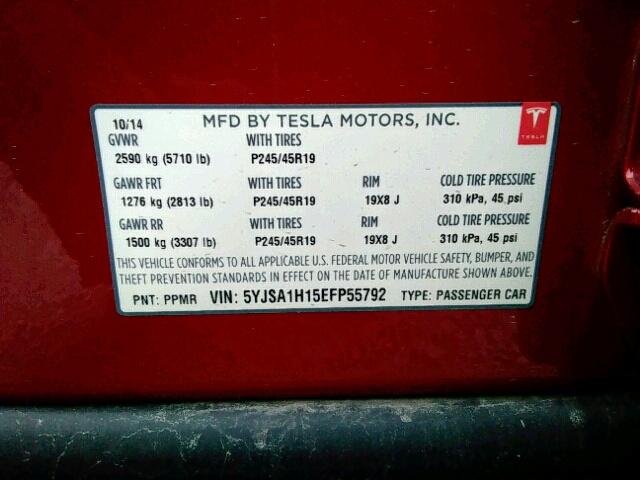 5YJSA1H15EFP55792 - 2014 TESLA MODEL S RED photo 10