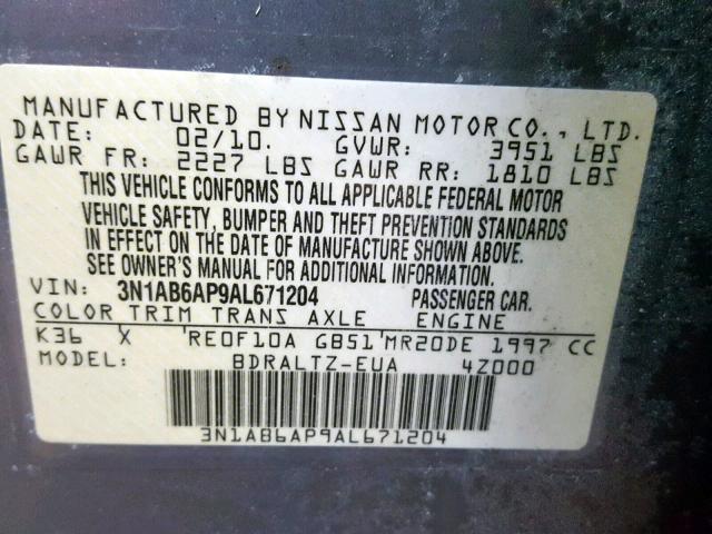 3N1AB6AP9AL671204 - 2010 NISSAN SENTRA 2.0 SILVER photo 10