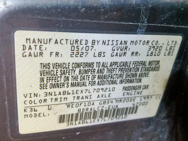 3N1AB61EX7L709210 - 2007 NISSAN SENTRA 2.0 SILVER photo 10