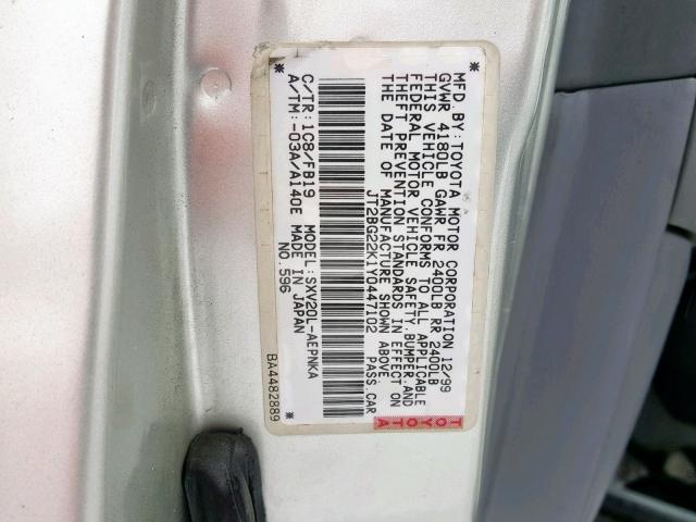 JT2BG22K1Y0447102 - 2000 TOYOTA CAMRY CE SILVER photo 10