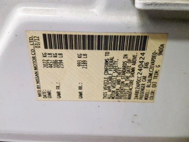 1N4BL2AP0CC240424 - 2012 NISSAN ALTIMA SR WHITE photo 10