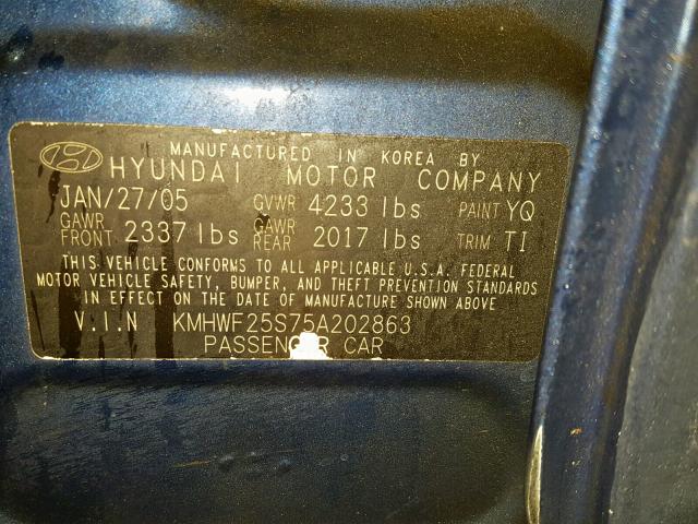 KMHWF25S75A202863 - 2005 HYUNDAI SONATA GL BLUE photo 10