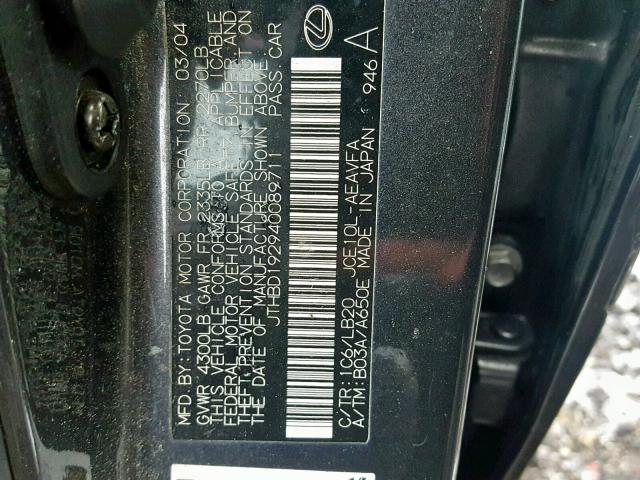 JTHBD192940089711 - 2004 LEXUS IS 300 GRAY photo 10