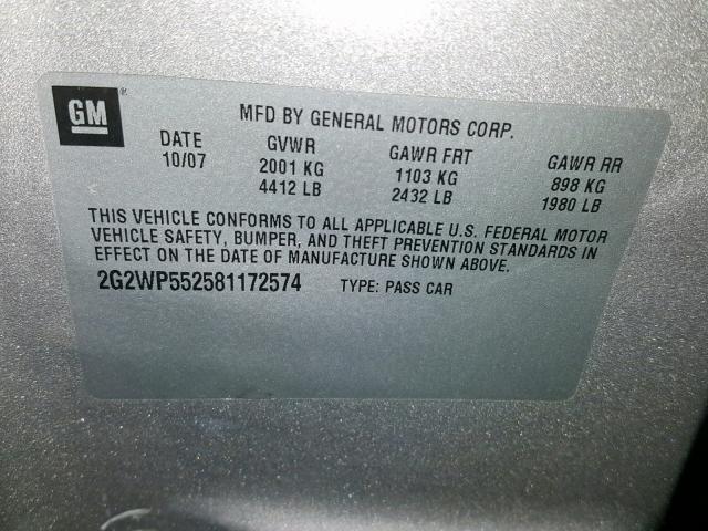 2G2WP552581172574 - 2008 PONTIAC GRAND PRIX SILVER photo 10